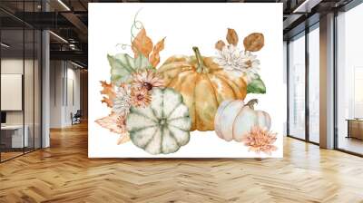 Watercolor pumpkins and fall flowers. Thanksgiving holiday arrangement. Harvest concept. Hand-drawn illustration isolated on the white background. Wall mural