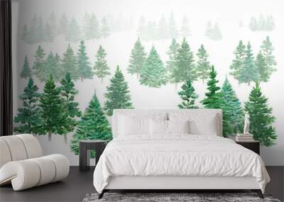 Watercolor winter forest. Christmas green trees. Spruce and holiday trees. Hand-drawn illustration. Wall mural