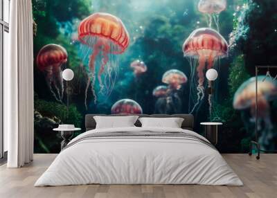 Beautiful colorful jellyfish in the water. Close up in a blurred background Wall mural