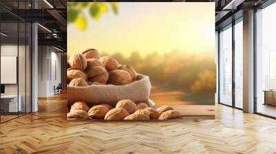 A bag of walnuts with nature background on wooden mat, panorama. Generative Ai. Wall mural