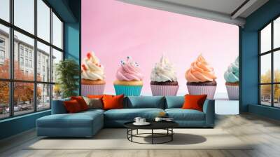 Birthday cupcake on pastel background for celebration, panorama. Generative Ai. Wall mural