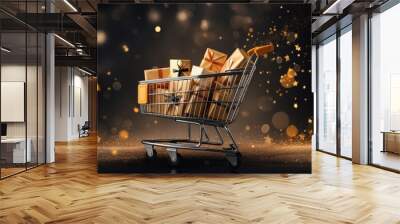 Christmas shopping cart is full with presents during sales, bokeh panorama. Generative Ai Wall mural