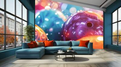 Close up view on bowling ball in different colors, sport active lifestyle banner. Generative Ai. Wall mural