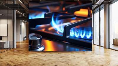 Detail view on kitchen gas cooker with blue flame on while cooking, banner panorama. Generative Ai. Wall mural