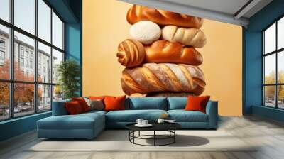 Different types of bread, rolls and pastries, food concept. Generative Ai. Wall mural