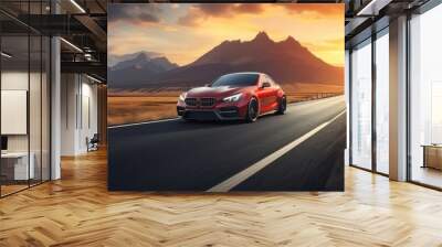 Fast sports car on road with shaped mountains in background, travel abroad concept, panorama. Wall mural