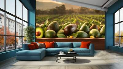 Fresh ripe bio avocados from farm in wooden box,  food bannner. Generative Ai. Wall mural