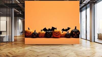 Halloween wallpaper with scary forest pumpkins and bats, banner panorama. Generative Ai. Wall mural