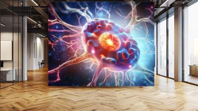 Human brain showing close up view of neurons firing and neural extensions. Generative Ai. Wall mural