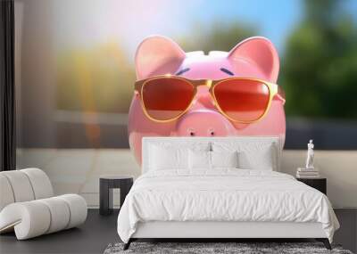 Kids pink piggy bank moneybox with nice sunlight, savings for future. Generative Ai. Wall mural