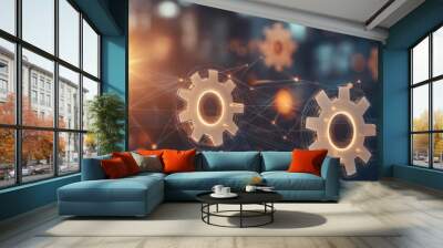 Manager is touching interface with conncetion line of network, management and marketing banner. Generative AI. Wall mural