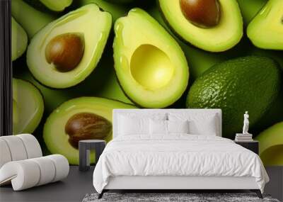 Many fresh ripe avocados on pastel background,top view  food concept Generative Ai. Wall mural