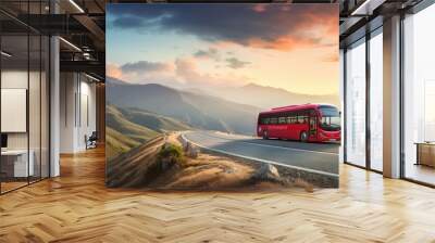 Modern bus is transporting passengers in mountains with sunset on holiday, banner. Generative Ai. Wall mural