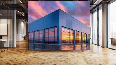 Modern industrial company building. Logistics warehouse concept banner with sunset, Generative AI. Wall mural