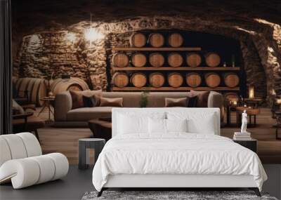 Modern luxury underground interior of old cellar with wine wooden barrels, panorama. Generative Ai. Wall mural