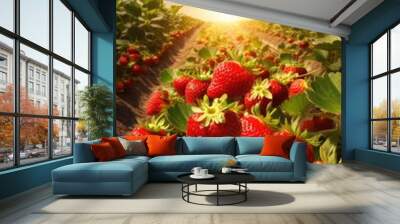 Red fresh strawberries in a row grow in the field, sunset light. Generative Ai. Wall mural