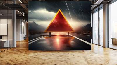 Red warning triangle is on wet road while bad weather, car accident. Generative Ai. Wall mural