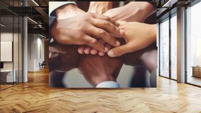 Stack of hands showing unity and teamwork, office background, panorama. Generative Ai. Wall mural