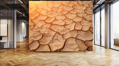 Texture of dry cracked ground surface with sunset light, climate change. Generative Ai. Wall mural