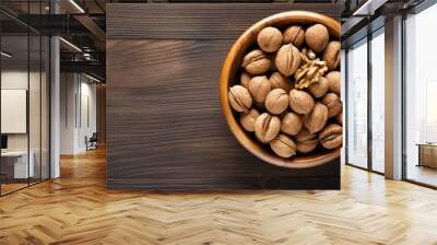 Top view of walnuts in a bowl on rustic table, healthy food. Generative Ai. Wall mural