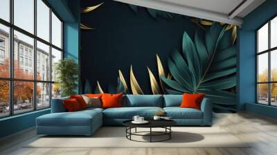 Wallpaper of exotic dark green leaves with different type of shades with gold, panorama. Generative ai. Wall mural