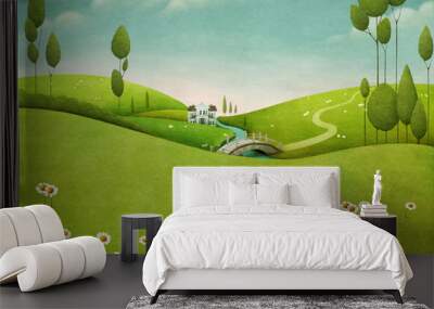 Beautiful pastel background with landscape with the river and the house and trees Wall mural