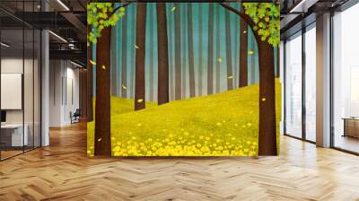 Fantasy fairy tale background or postcard or poster with yellow forest with chrysanthemum flowers.  Wall mural