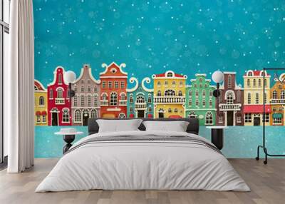 Festive illustration or poster with colorful town Wall mural