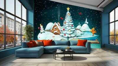 Holiday greeting card or poster with fantasy book and Christmas scene Wall mural