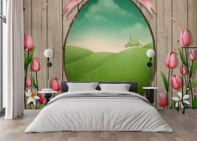 Spring Holiday Greeting Postcard or poster with fence frame Egg and Easter Eggs .  Wall mural