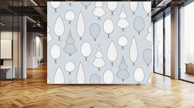 Seamless pattern with cute trees, winter background. Wall mural