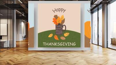 Thanksgiving greeting card set, poster, cover with autumn leaves and pumpkins. Autumn print, flyer or banner design. Vector illustration Wall mural