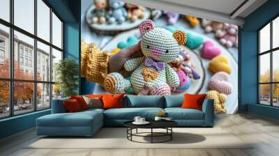 amigurumi crochet teddy bear, hobby knitting concept, handmade toy wallpaper, creative workshop banner, diy present Wall mural