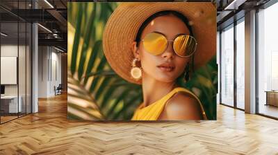 close-up portrait of woman wearing sunglasses, straw hat, earrings in palm leaves and yellow theme sunlight, fashionable summer vibes lifestyle, vacation time wallpaper, holiday beach banner Wall mural