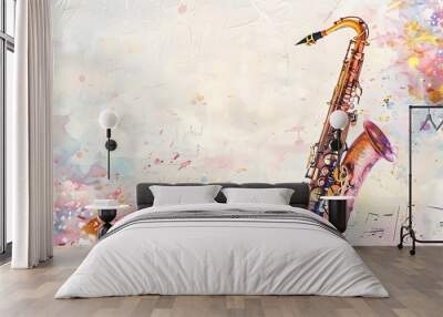 watercolor saxophone and notes sheet, style of grunge, musical instrument concept, music concert lover background, card frame with copy space Wall mural