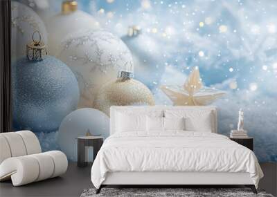 white gold Christmas ornaments stars and balls on snow background with blue light blurred effect, festive atmosphere, New Year magic wallpaper, celebration time holiday banner Wall mural