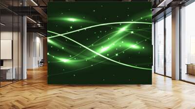 Abstract glowing green background with waves, lighting effect with sparkles. Environment technology concept illustration. Wall mural