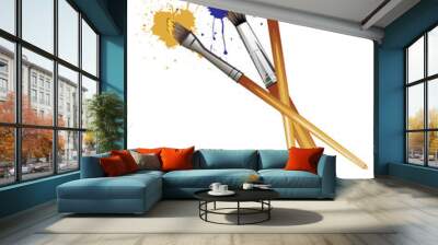 artist brushes with paint. three brushes with colorful paint splatters on white background Wall mural