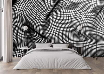 Distorted wave grid monochrome texture. Modern dynamical rippled curve surface background. Technology grid pattern of lines, distorted mesh. Black and white illustration. Wall mural