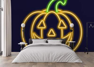 Glowing neon pumpkin for Halloween, radiating a vibrant yellow hue. This eye catching design element adds a festive and spooky touch to Halloween decorations, greeting cards, social media posts. Wall mural