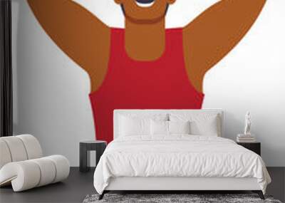 Man with dark skin in boxing gloves sitting on the ground with arms raised, flat vector art, wearing red tank top. Olympic athlete in the moment of victory. Wall mural