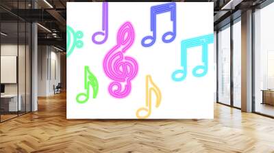 Neon glowing icon of colorful musical notes. Vector illustration of music note consisting of neon outlines. Music concept illustration for poster, flyer or banner design. Wall mural