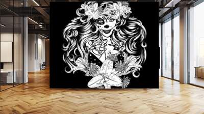 Sugar skull witch woman in flower crown portrait Wall mural