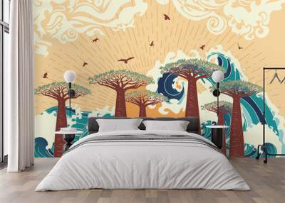 Sunset sea and tree Wall mural