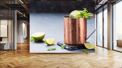 Cold Moscow Mules cocktail with ginger beer, vodka, lime Grey stone background Copy space Wall mural