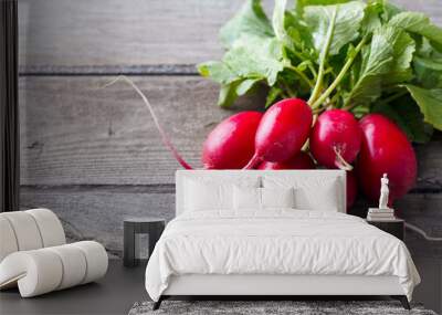 Fresh radish bunch on rustic wooden background. Copy space. Close up. Wall mural