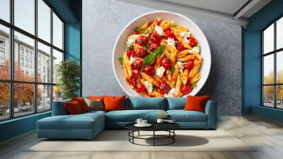 Pasta penne with roasted tomato, sauce, mozzarella cheese. Grey stone background. Top view. Wall mural