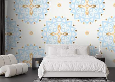 Light blue and gold vector seamless pattern. Ornament, Traditional, Ethnic, Arabic, Turkish, Indian motifs. Great for fabric and textile, wallpaper, packaging design or any desired idea.  Wall mural