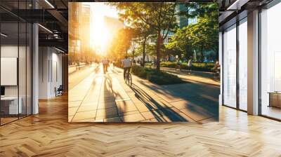 bicycle eco transportation in urban green city, people riding bicycle on street, concept of environmentally friendly sustainable travel or green transport Wall mural