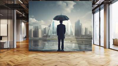 business insurance corporate risk malmanagement concept businessman with umbrella standing in rain in urban city landscape. generative ai Wall mural